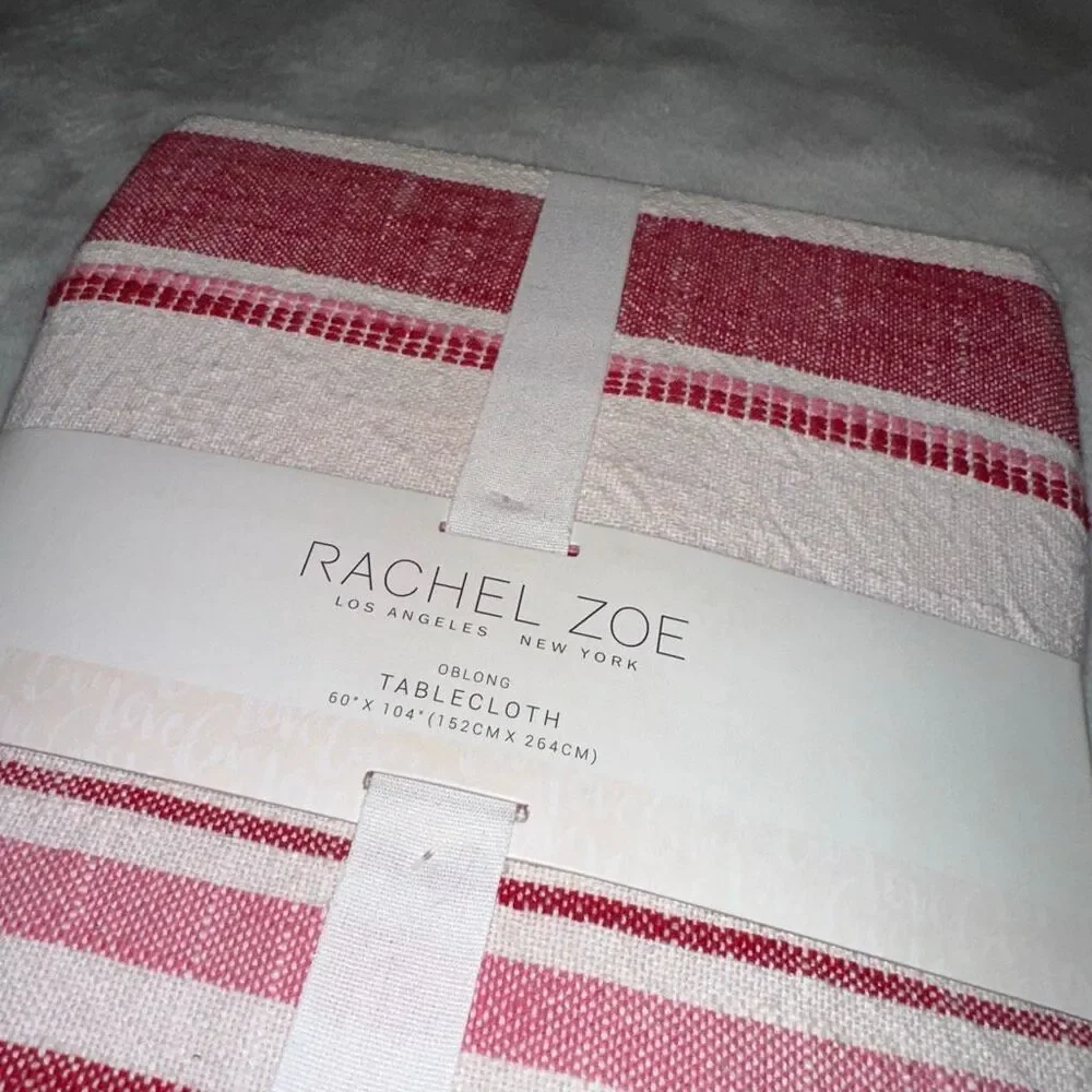 Rachel Zoe Tablecloth Oblong 60 x 104” Red White Pink Stripes 100% Cotton NWT